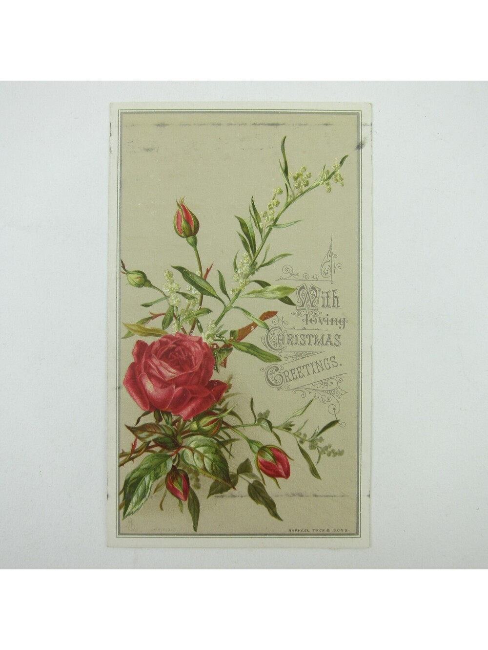 Victorian Christmas Card Raphael Tuck & Sons Red Roses White Flowers Antique